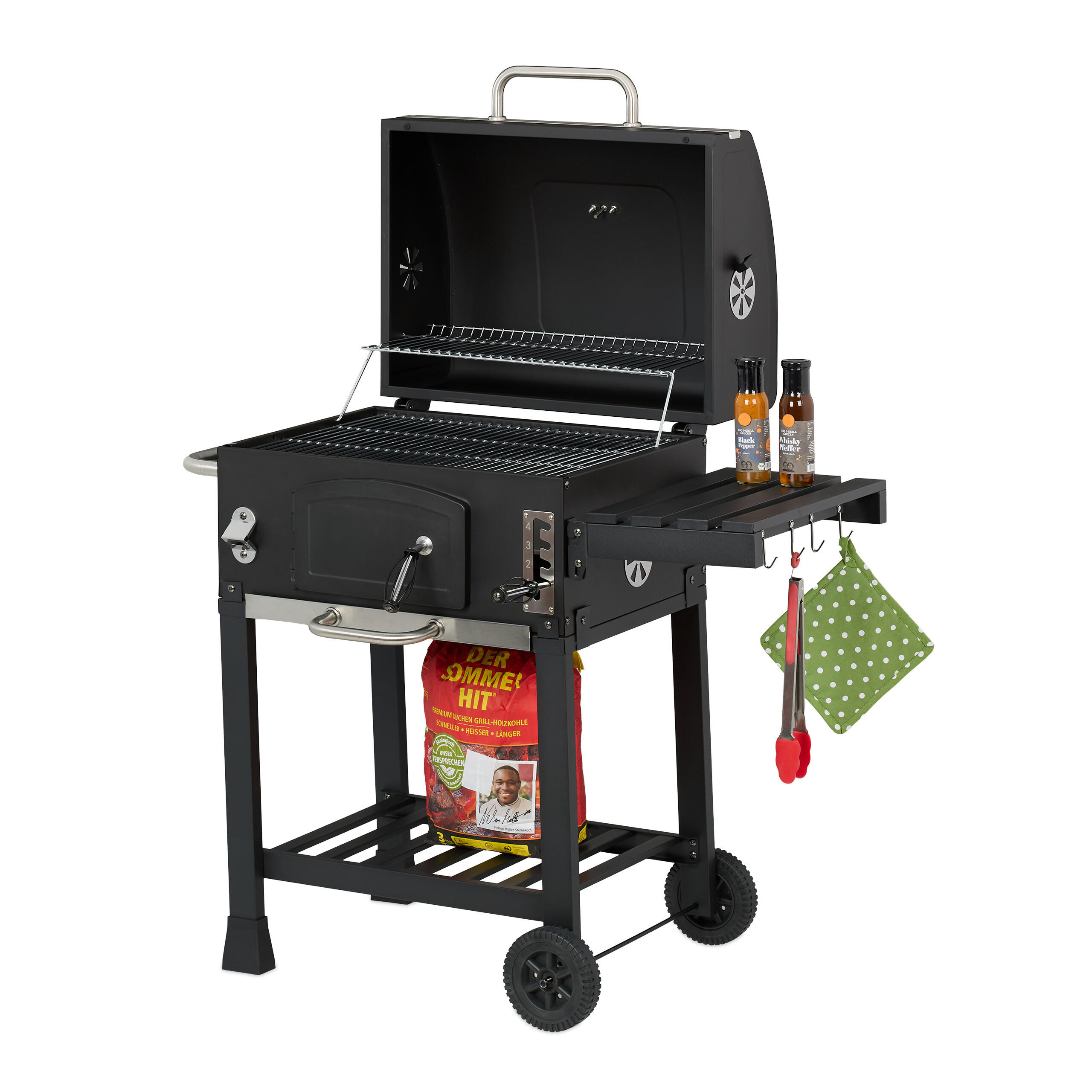 HOLZKOHLEGRILLWAGEN - Schwarz, Kunststoff/Metall (103/104/65cm) - Relaxdays