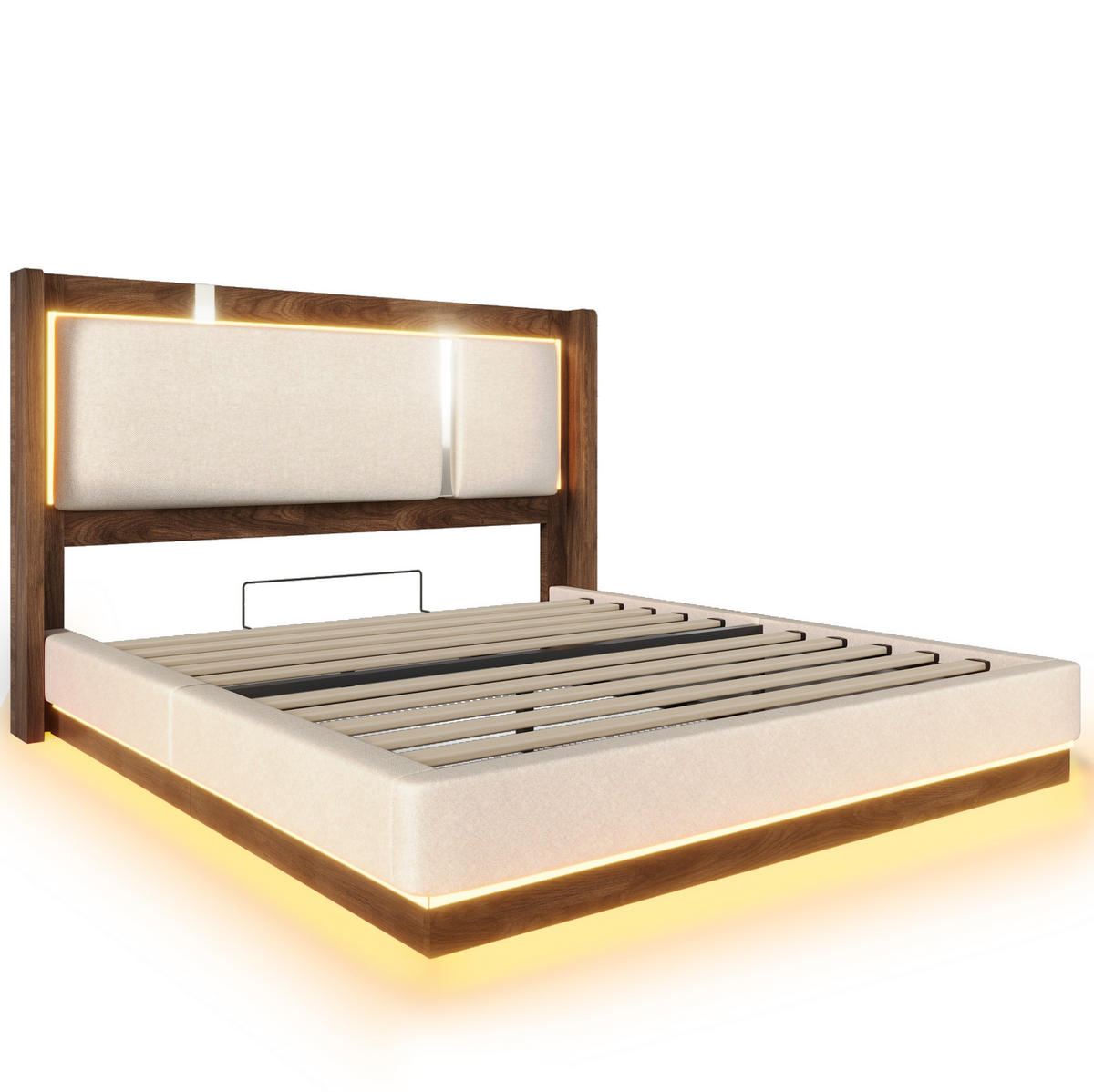 POLSTERBETT 140/200 cm aus Leinen und Holz mit LED und Bettkasten Beige - Beige, Textil (140/200cm) - Modenvie