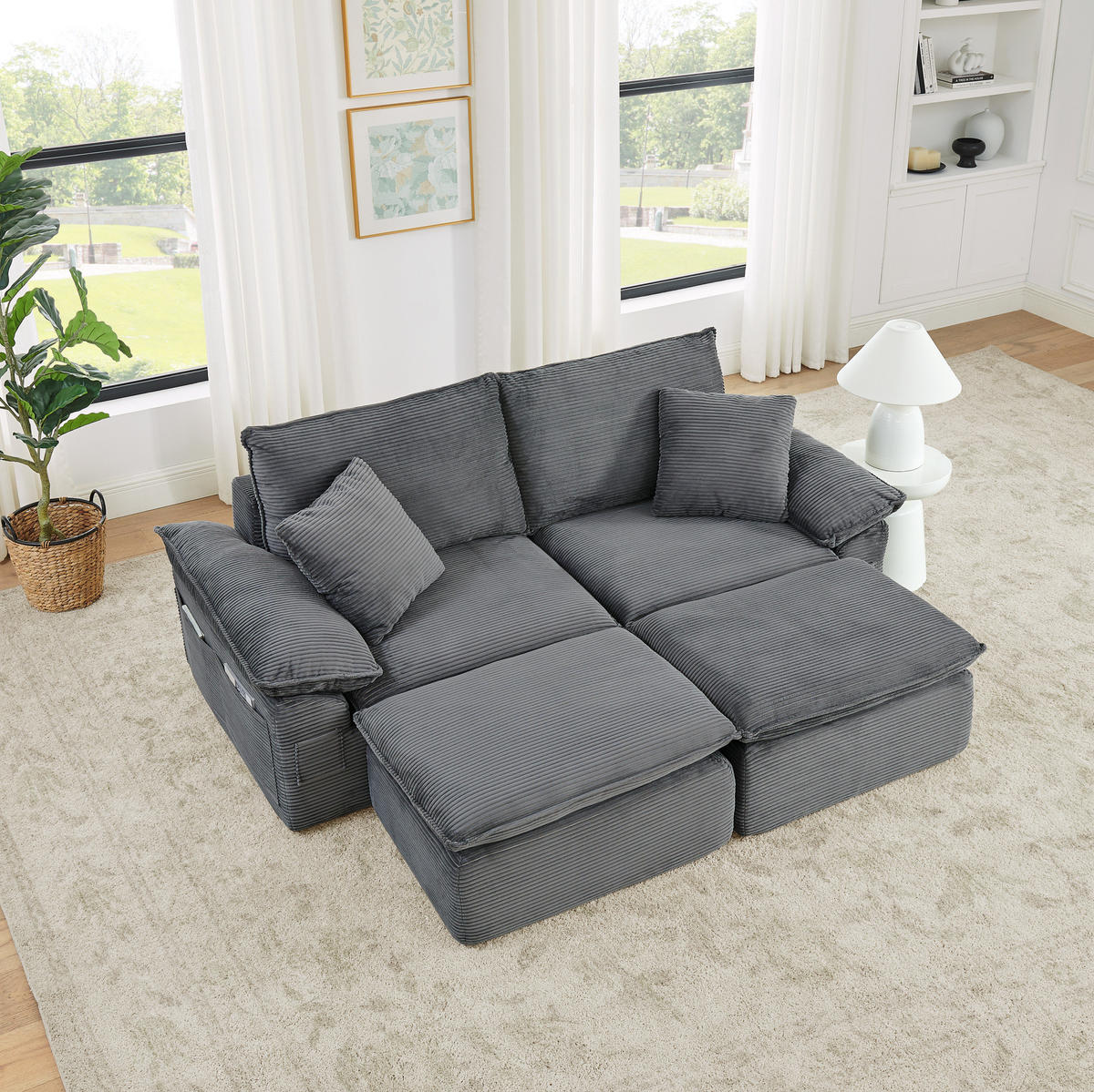 2-SITZER Bodensofa aus Stoff Hellgrau modular mit Fußstütze und Aufbewahrungstaschen - Hellgrau, Textil (156/65/206cm) - Modfu