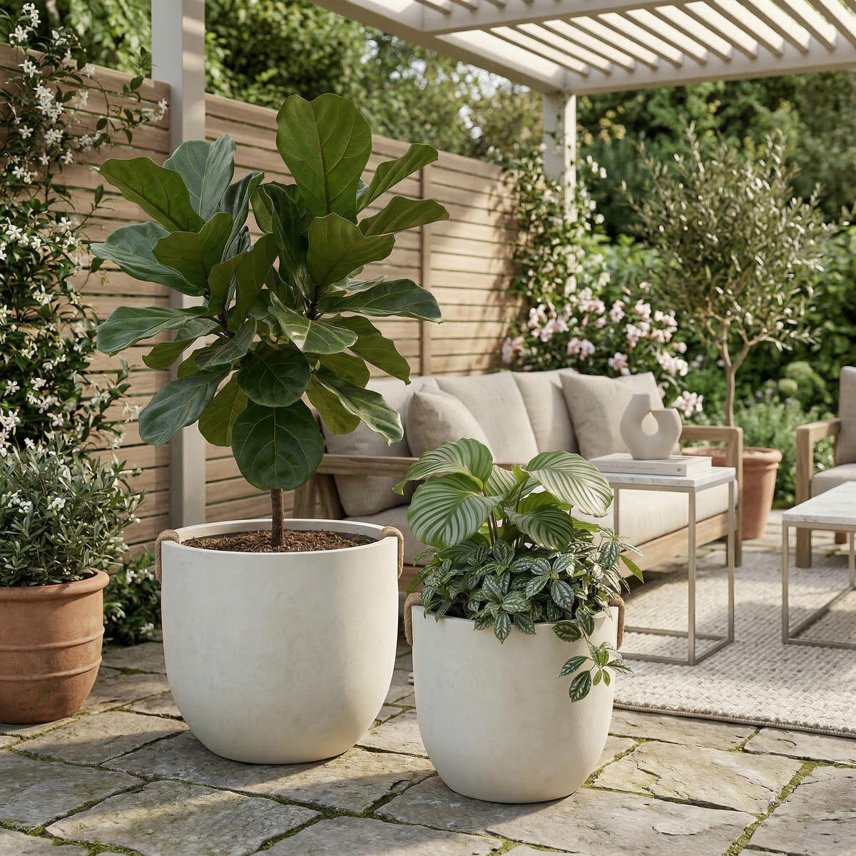 BLUMENTOPF Ø 46/37 cm Nicht-gerade weiss mit Abflusslöcher (2 Stück) - Creme, Naturmaterialen (37.3/33cm) - Oxeza
