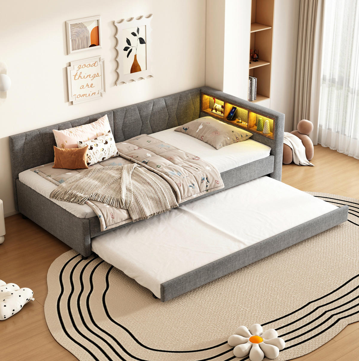 POLSTERBETT 90/200 cm Grau mit LED-Beleuchtung und USB- und Type-C-Anschlüssen - Grau, Textil (90/200cm) - Flora Grace