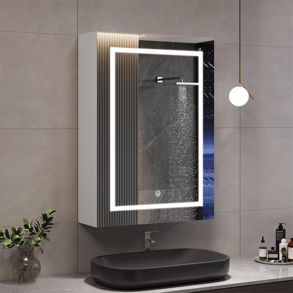 SPIEGELSCHRANK - eintürig - mit LED-Beleuchtung -Funktion und verstellbaren Glasablagen - Weiß - Weiß, Holzwerkstoff (12.5/70/50cm) - DELFA