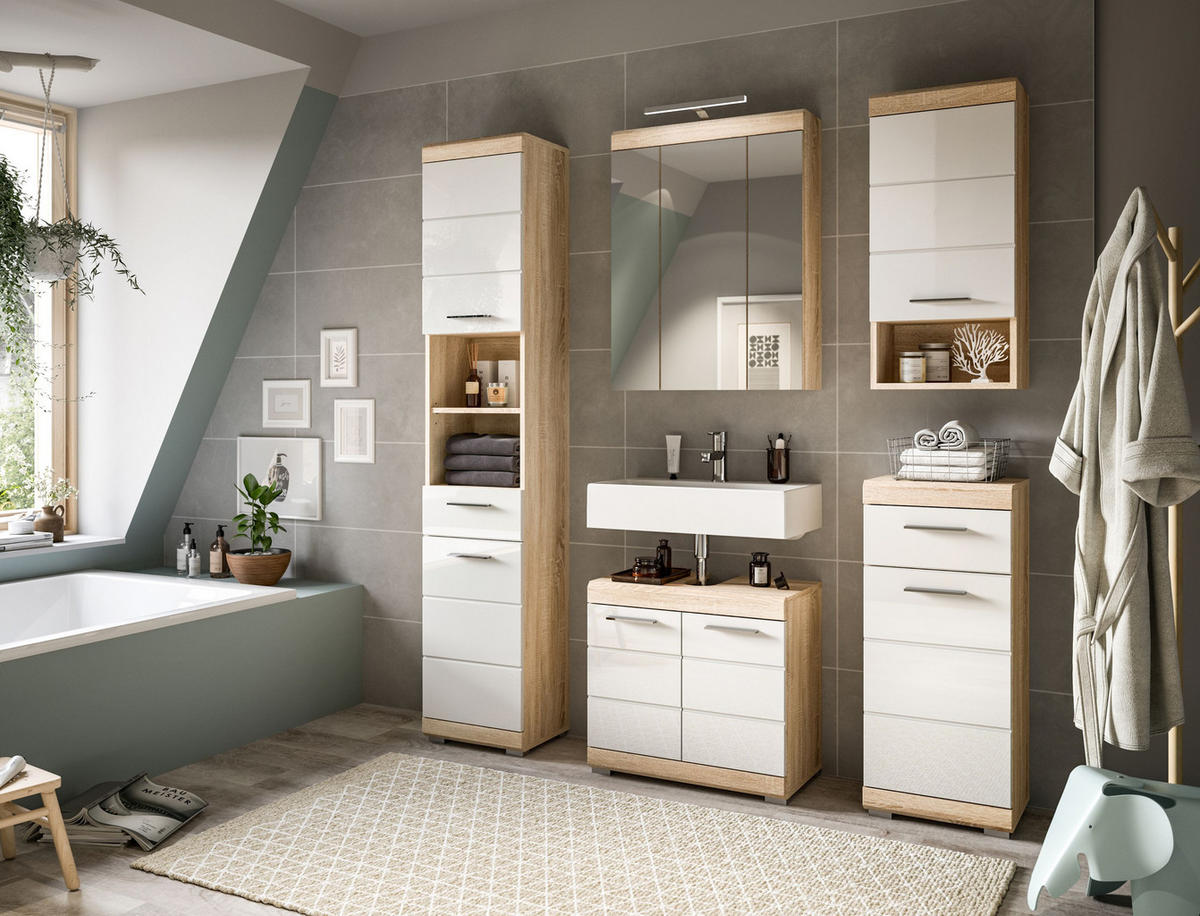 HÄNGESCHRANK Lambada Bad in Sonoma Eiche hell und weiß hochglanz B/H/T: 37x79x24 cm - Eichefarben, Holz (37/79/24cm)