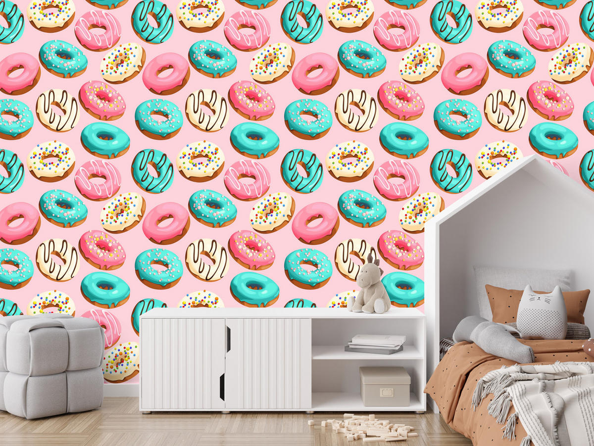 VLIESTAPETE Donuts in 3D-Optik – Rosa, Türkis, Bunt – 50x1000 cm - Türkis/Multicolor, Papier (50/1000cm) - Muralo