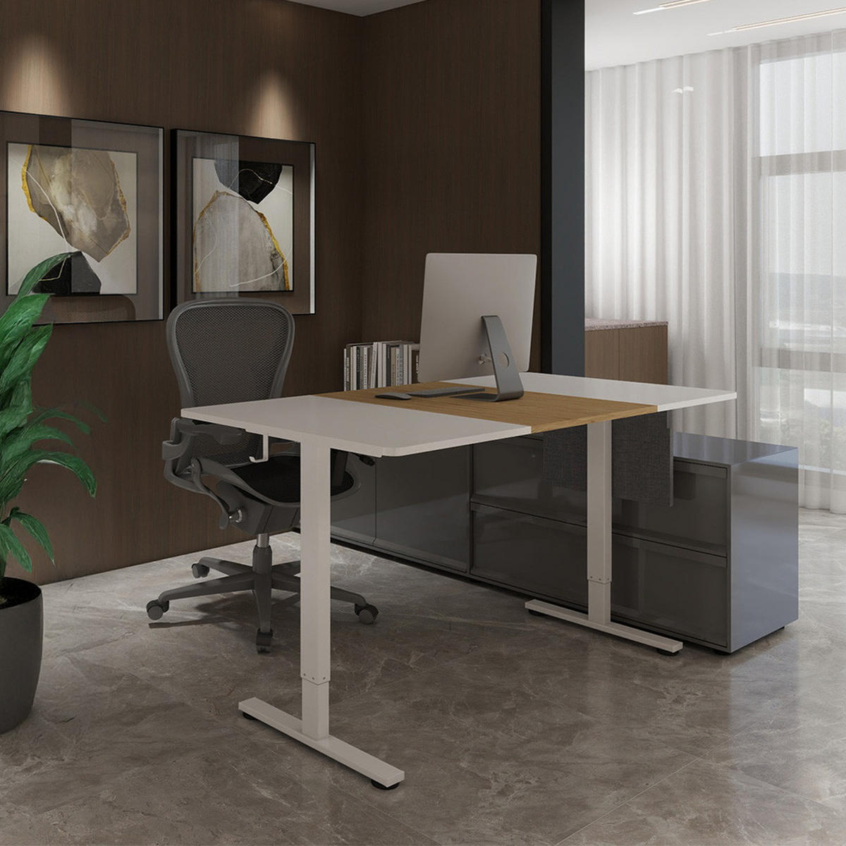 HÖHENVERSTELLBARER SCHREIBTISCH ELMO - Weiß/Holz, 120 x 60 cm / mit PC-Halterung - Weiß, Holz/Metall (60/120/2.5cm) - Home Deluxe