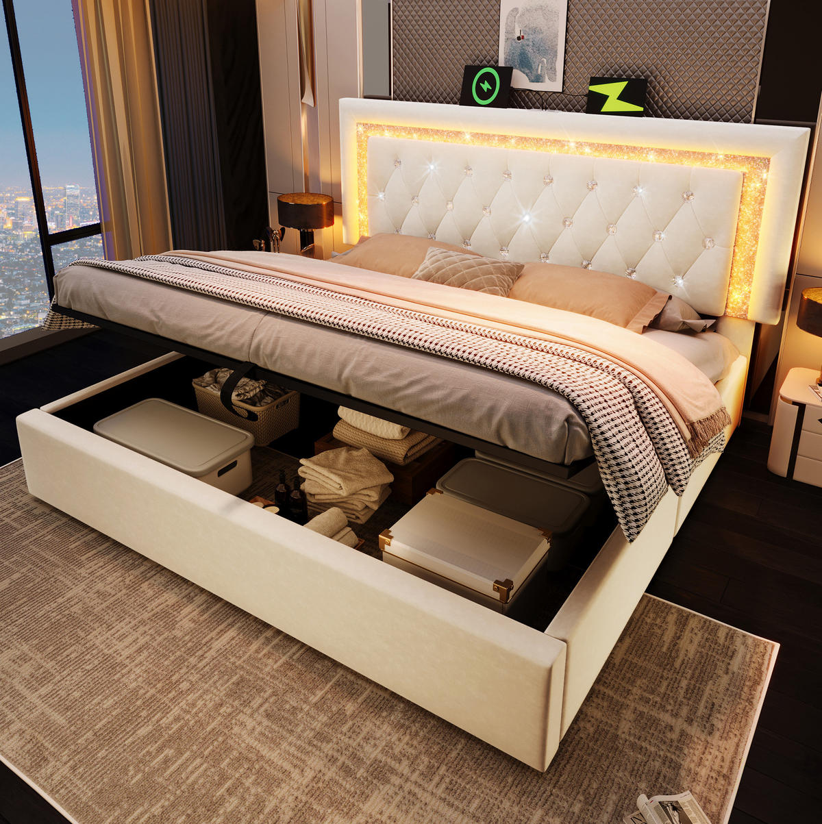 POLSTERBETT mit Stauraum 180x200 cm Samt Beige mit LED - Beige, Metall (180/200cm) - Meubliv