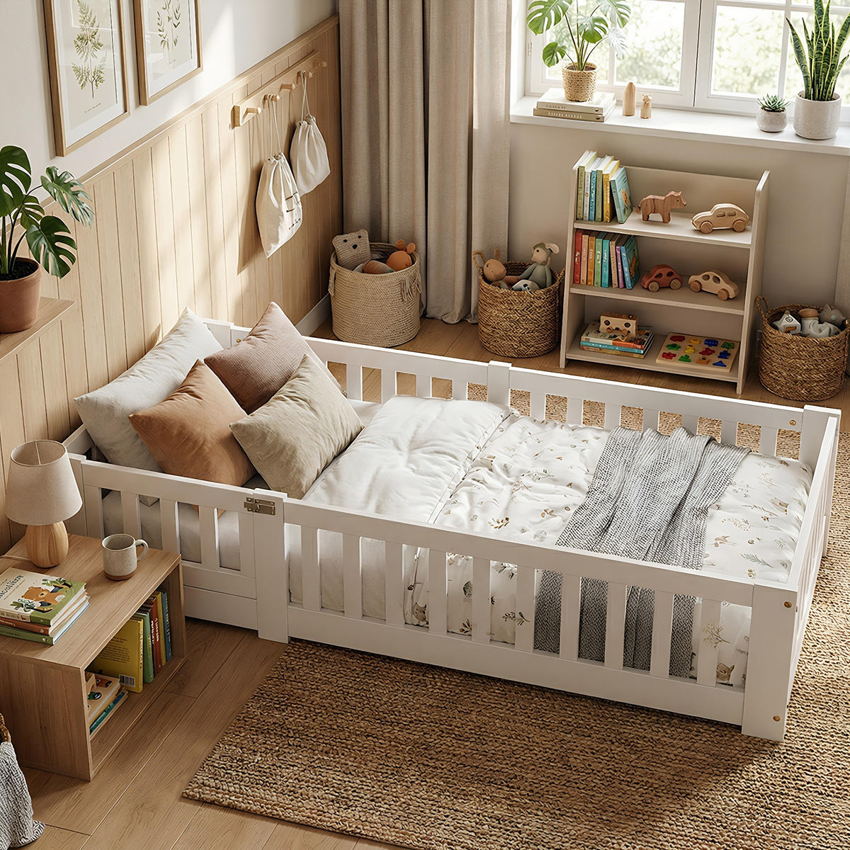 MONTESSORIBETT Klassisch mit Schließbarer Sicherheitstür 80/160 cm Kiefer-Massivholz Weiß - Weiß, Holz (80/160cm) - Creahappy