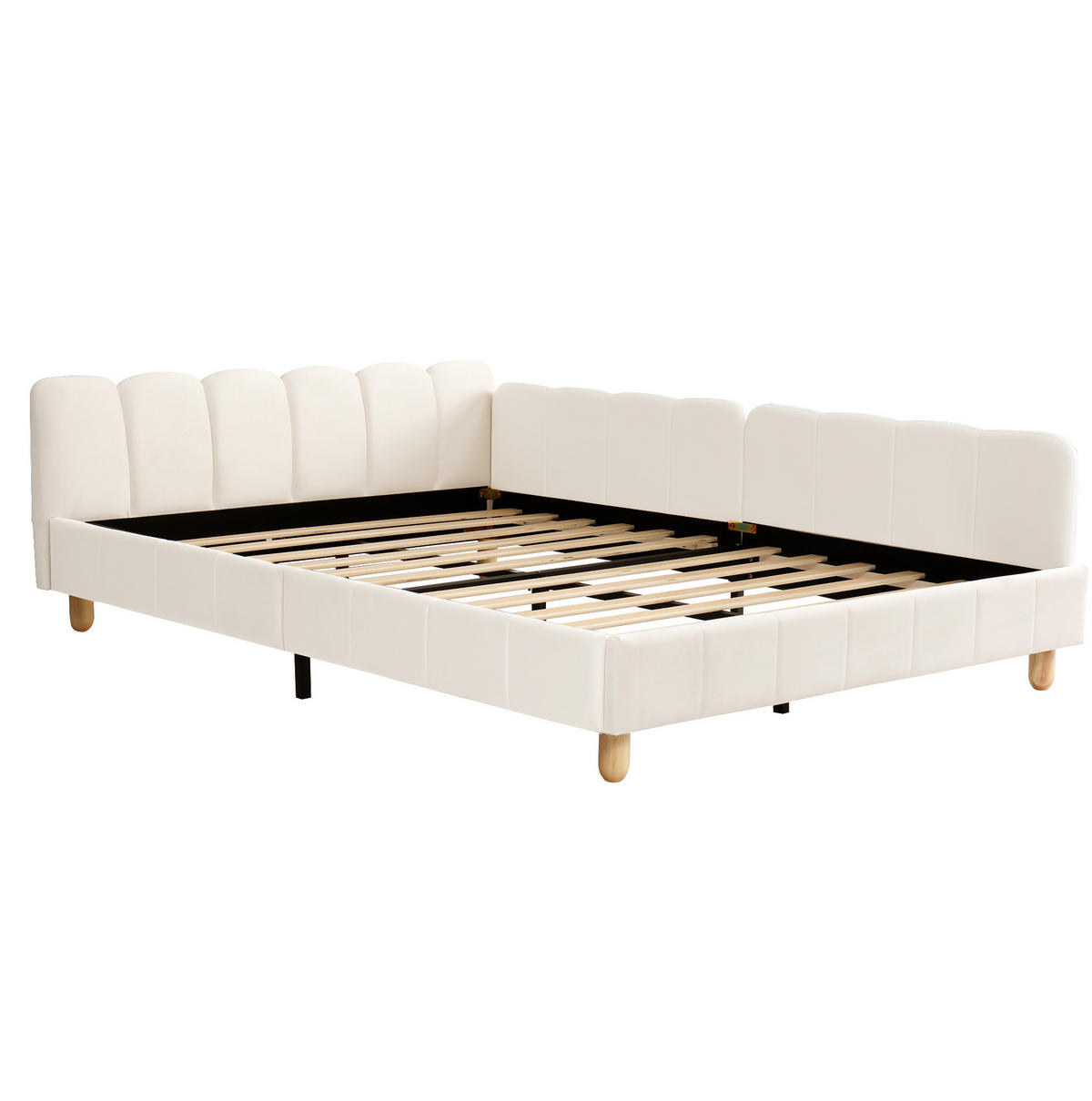 KINDERBETT 140/200 cm aus Samt mit gepolstertem Kopfteil, flexiblem Rausfallschutz und Taschen, Beige - Beige, Textil (140/200cm) - Redom