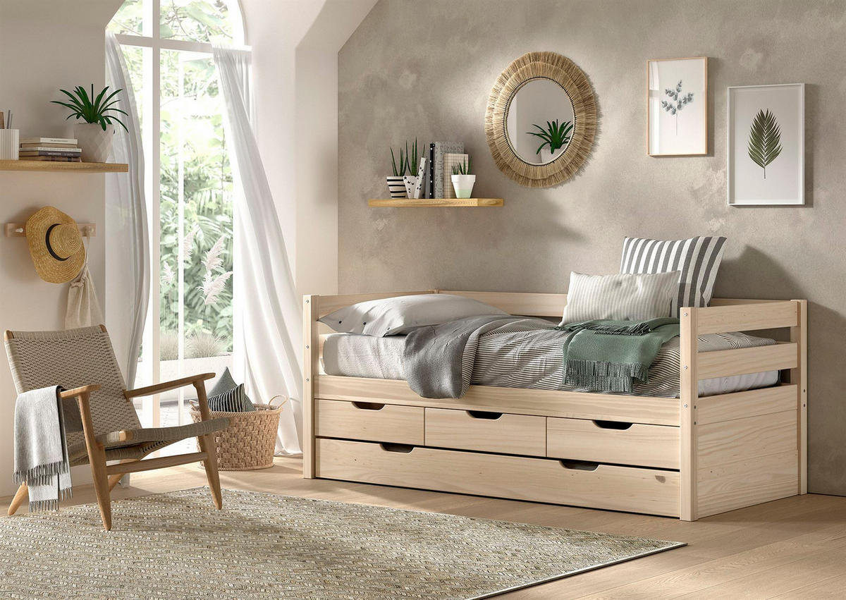 KOJENBETT Kelda 90x200 mit Bettschublade Kiefer Massivholz Milky Pine - Weiß, Holz (90/200cm) - 58aufmkessel