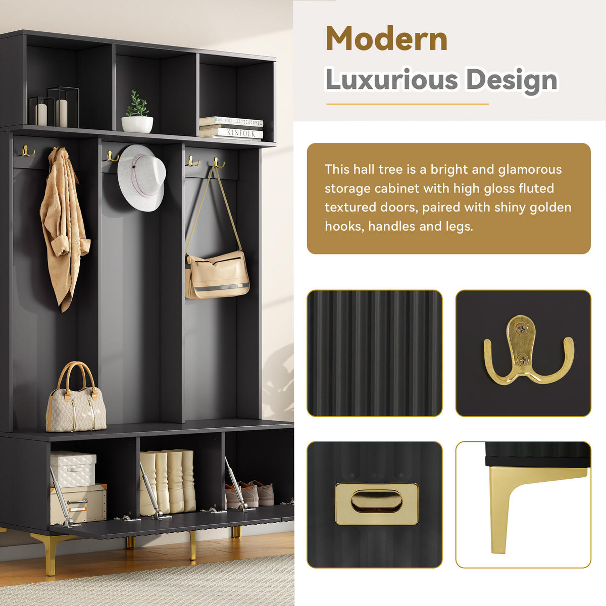 GARDEROBE Schwarz Bank 6 Gold Haken Flur Set 120x40x191cm - Schwarz, Holzwerkstoff (40/191/120cm) - FLIEKS