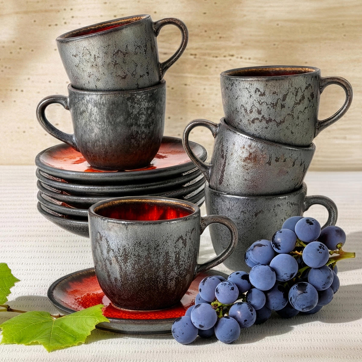 KAFFEETASSE PRIMA, mit Untertasse, 6-tlg, Rot - Rot, Keramik (11/7/9cm) - KONSIMO®