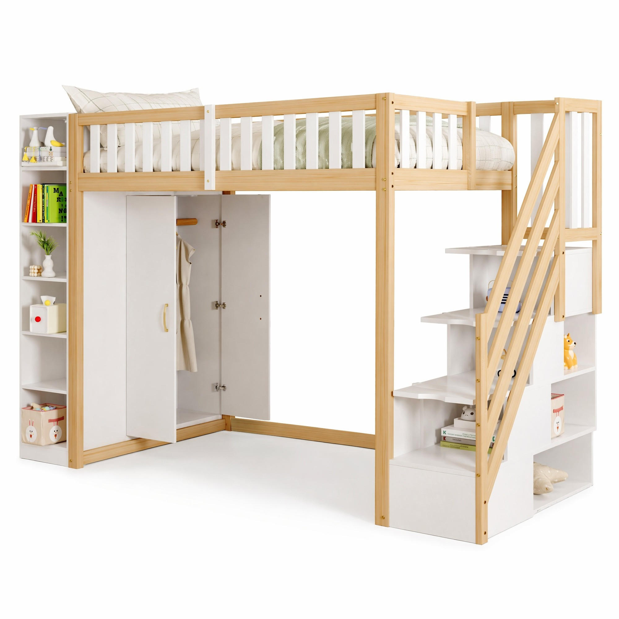 HOCHBETT 90/200 cm Weiß/Naturholz aus Holz mit Kleiderschrank und Regalen - Weiß, Holzwerkstoff (90/200cm) - OKMYHOME