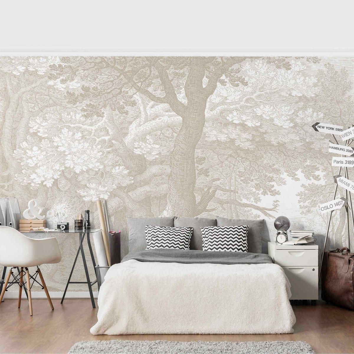 FOTOTAPETE Im Wald Kupferstich in Beige 288/190 cm - Eichefarben, Papier (288/190cm) - Bilderwelten