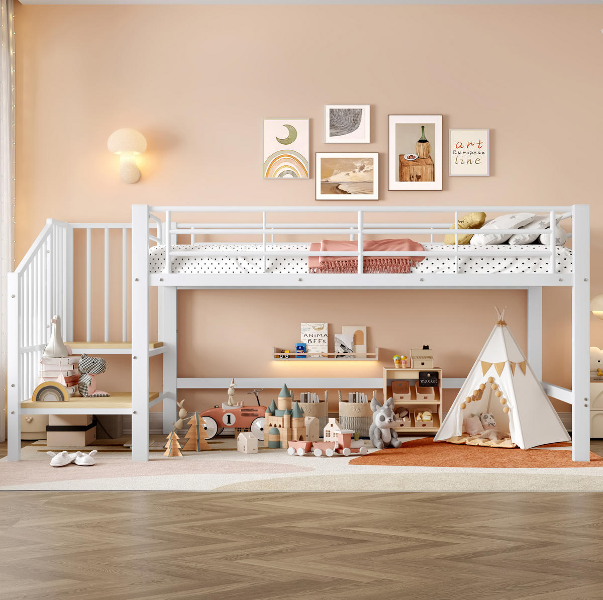 PATROVÁ postel 90/200 cm bílá, polovysoká, s úložnými schody z MDF a kovu - bílá, kompozitní dřevo (90/200cm) - OKWISH