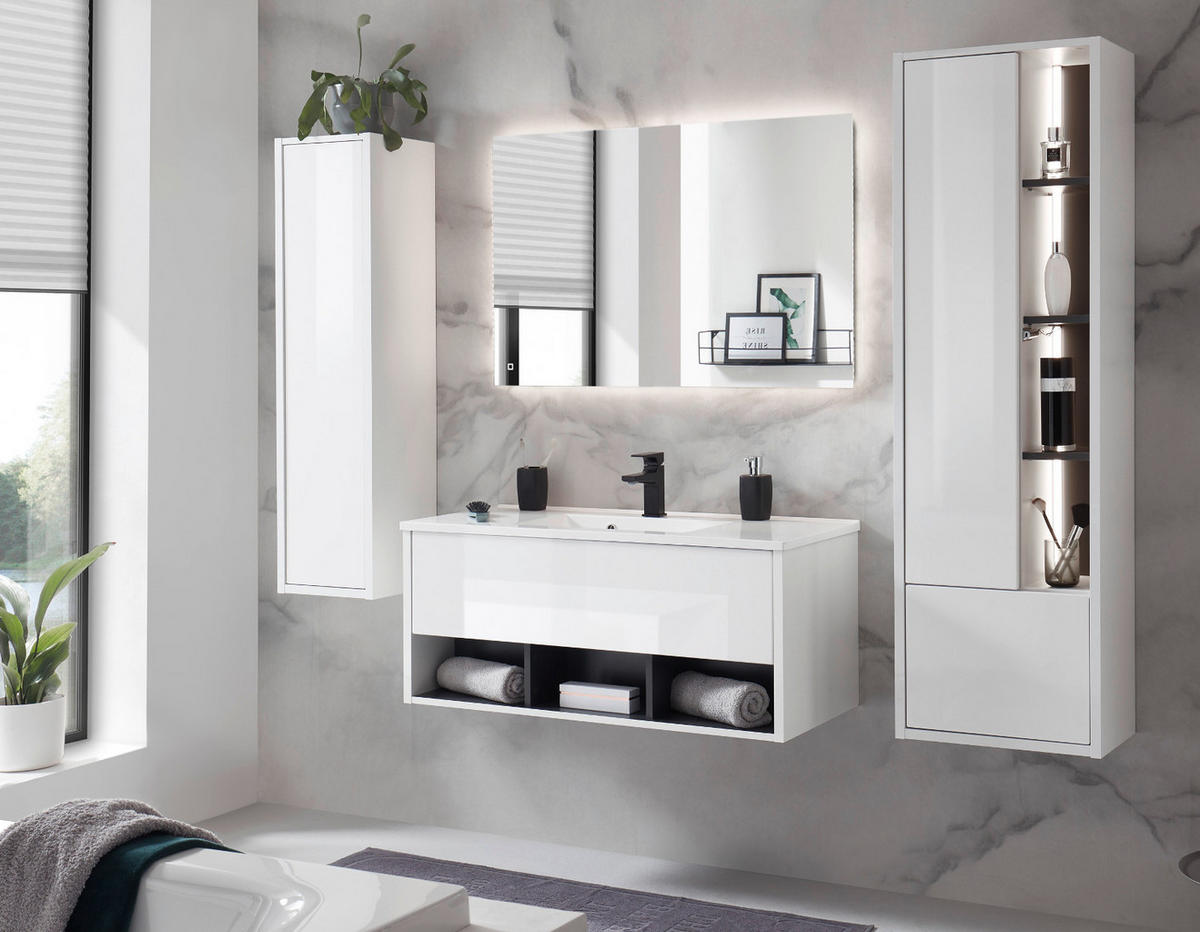 BADMÖBEL-SET weiß Hochglanz, grau, Komplettset mit Waschbecken und LED Beleuchtung 195 cm - Weiß Hochglanz/Grau, Glas/Holzwerkstoff (195/190/47cm) - Furn.Design