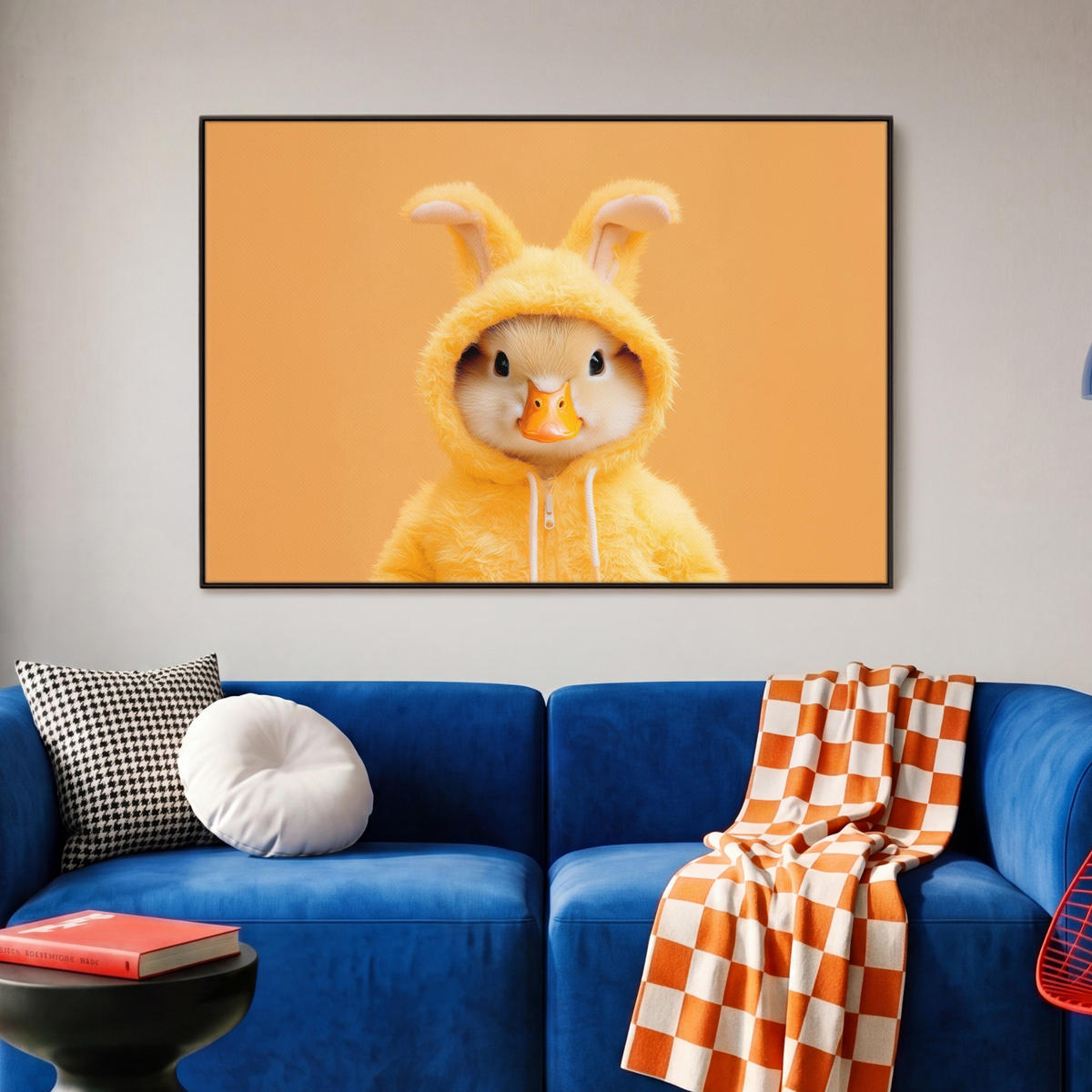 LEINWAND Bilder mit Rahmen - Osterhase - Kostüm - Ente - 90x60 - Gelb, Textil (90/60cm) - MuchoWow