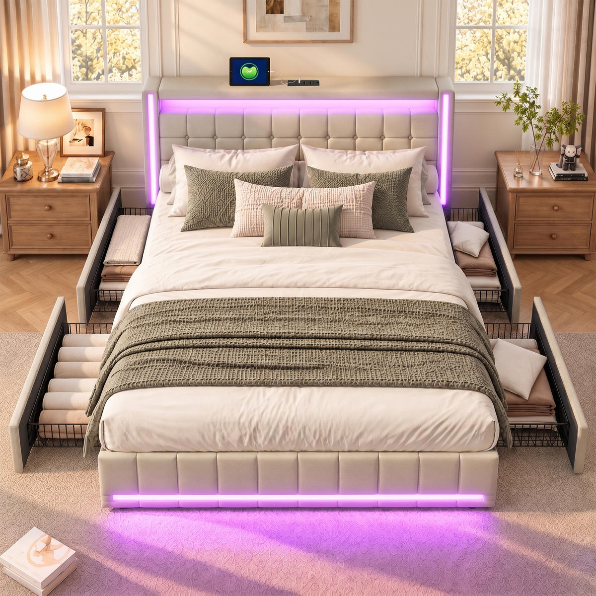 POLSTERBETT,DOPPELBETT 180/200 cm Beige，Mit LED-Beleuchtung und USB-Anschlüssen - Beige/Naturfarben, Holz/Textil (180/200cm) - FURNISHINGS HOME