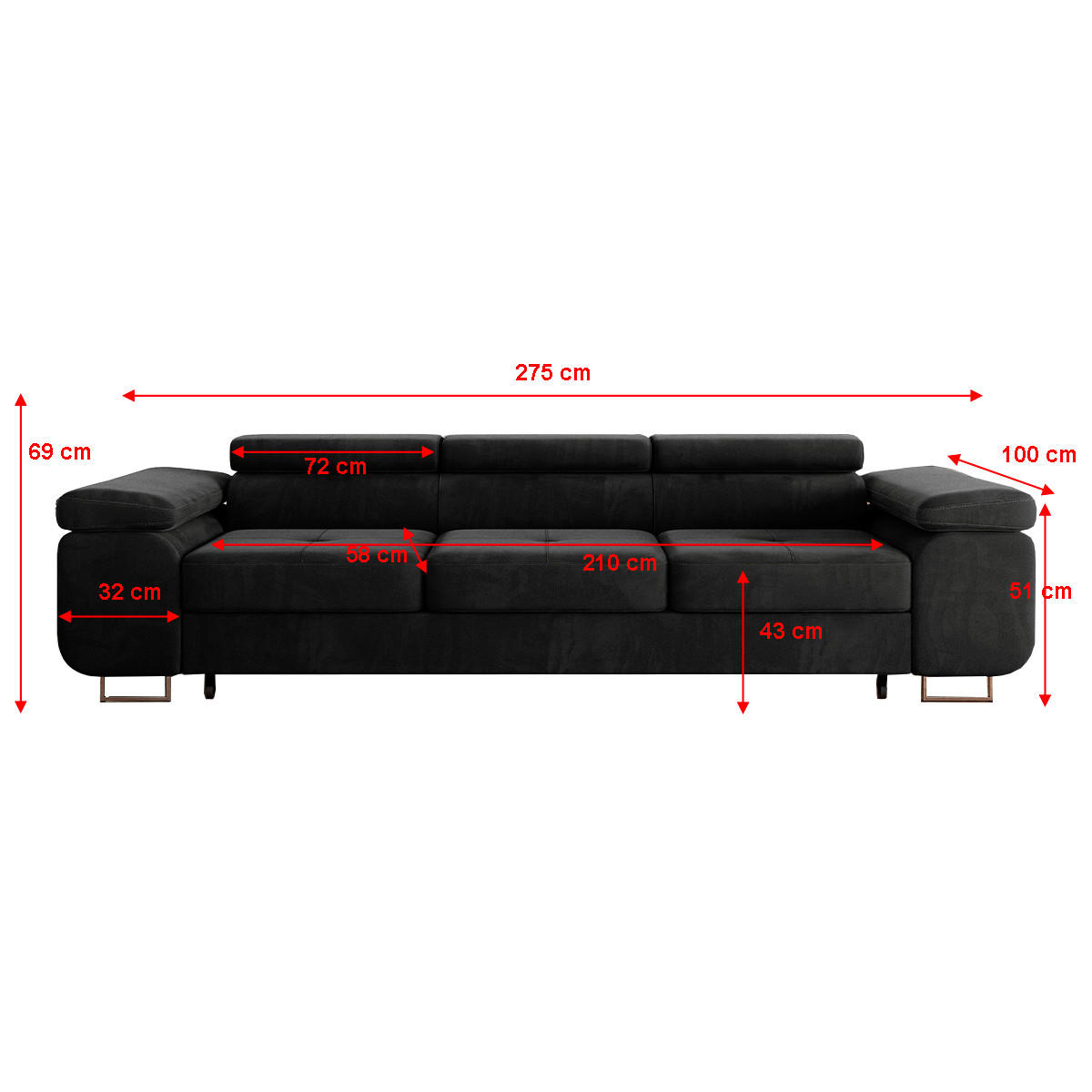 SCHLAFSOFA Wilson 3 Sitzplätze Schwarz - Schwarz, Holzwerkstoff (275/69/100cm) - Petits-meubles
