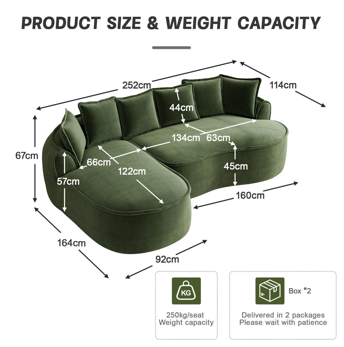 ECKSOFA 252/164/67 cm grün aus Chenille mit Schlaffunktion und Chaiselongue - Grün, Textil (164/252cm) - OKWISH