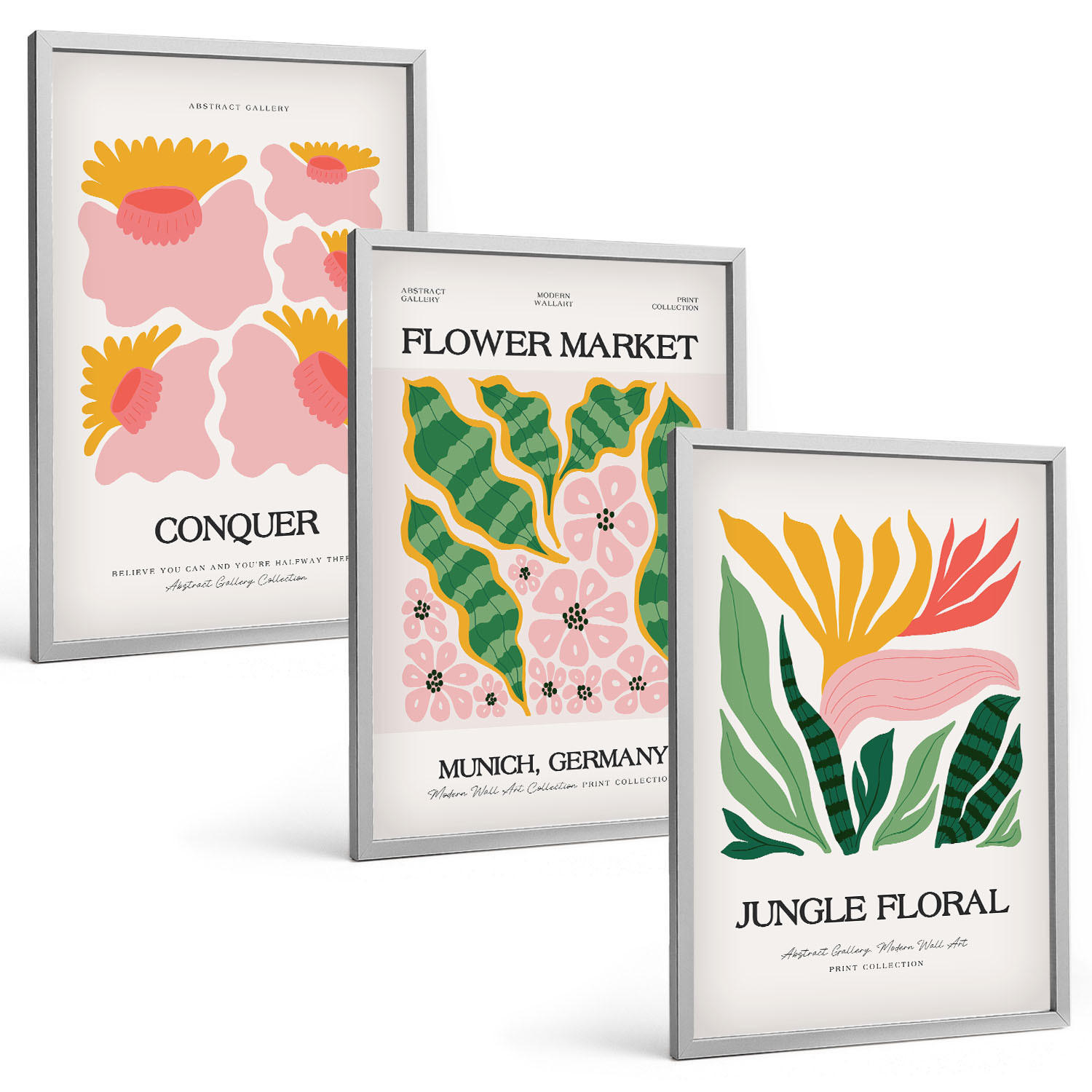 BILDER SET 3er Set - 40x60 cm Silberner Rahmen - Blumen und Blätter – moderne Poster - Silberfarben, Kunststoff (40/60cm) - TULUP