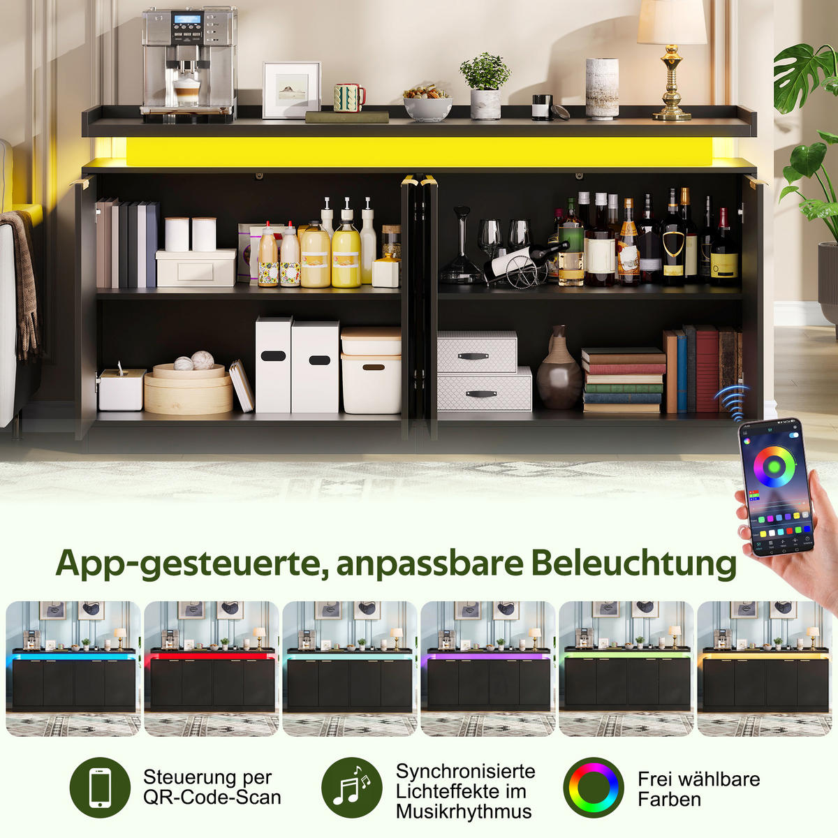 SIDEBOARD DE-38751 160/39/83 cm LED-Beleuchtung und 4 Türen Schwarz - Schwarz, Holzwerkstoff (160/83/39cm) - ComfortXL