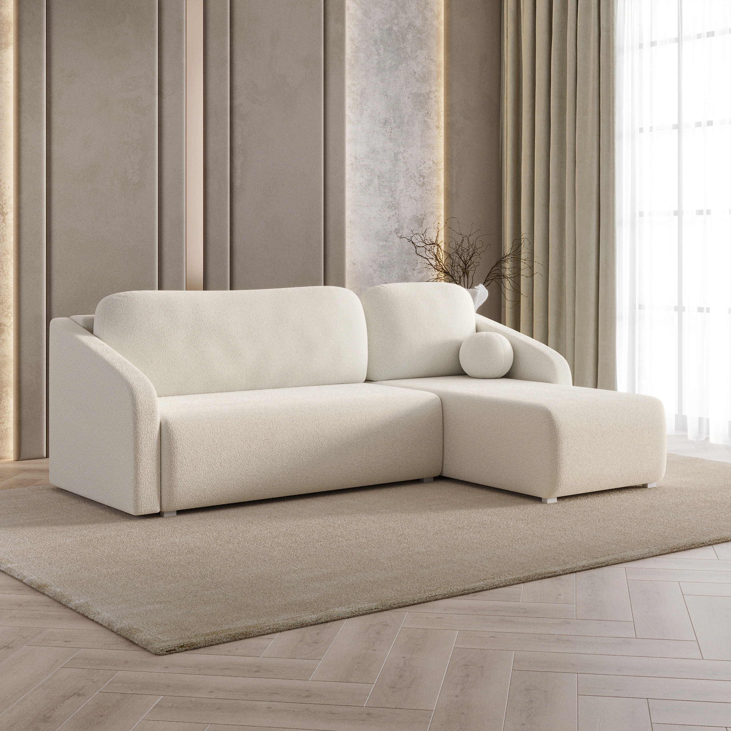 ECKSOFA MARELLO Creme Boucle-Stoff mit Schlaffunktion - Creme, Holz (220/143cm) - MASSENO