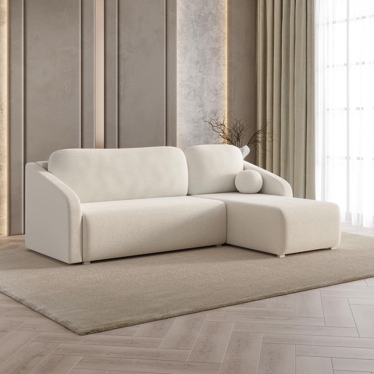 ECKSOFA MARELLO Creme Boucle-Stoff mit Schlaffunktion - Creme, Holz (220/143cm) - MASSENO