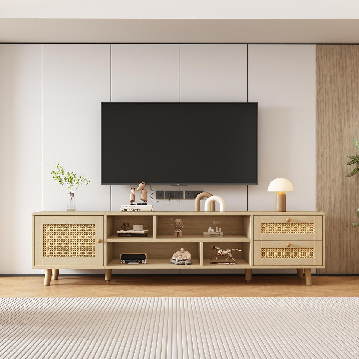 LOWBOARD 160/39/40.5 cm eichefarben aus Spanplatte mit Rattanfronten und Kabelführung - Naturfarben, Holzwerkstoff (39/40.5/160cm) - OKMYHOME