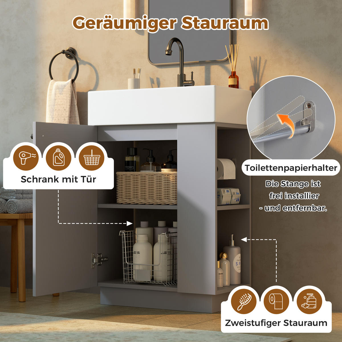 BADEZIMMERSCHRANK Waschbeckenunterschrank Rillenoptik Keramik Grau 55cm - Grau, Keramik (55/87/32cm) - FLIEKS