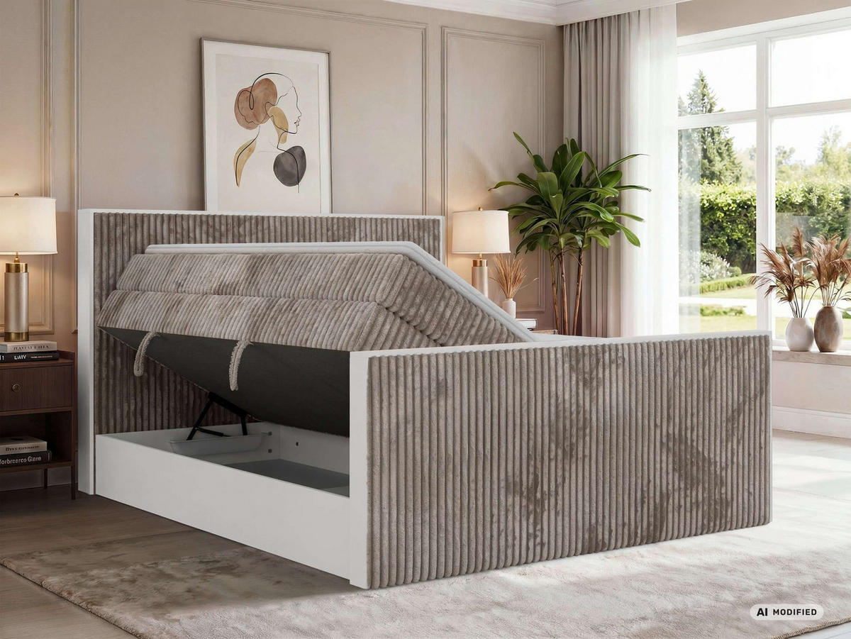 BOXSPRINGBETT TRAVIT KING DUO 160/200 - Hellbraun Cord - Topper T25 - H4 - Hellbraun/Schwarz, Kunststoff/Textil (160/200cm) - MKS