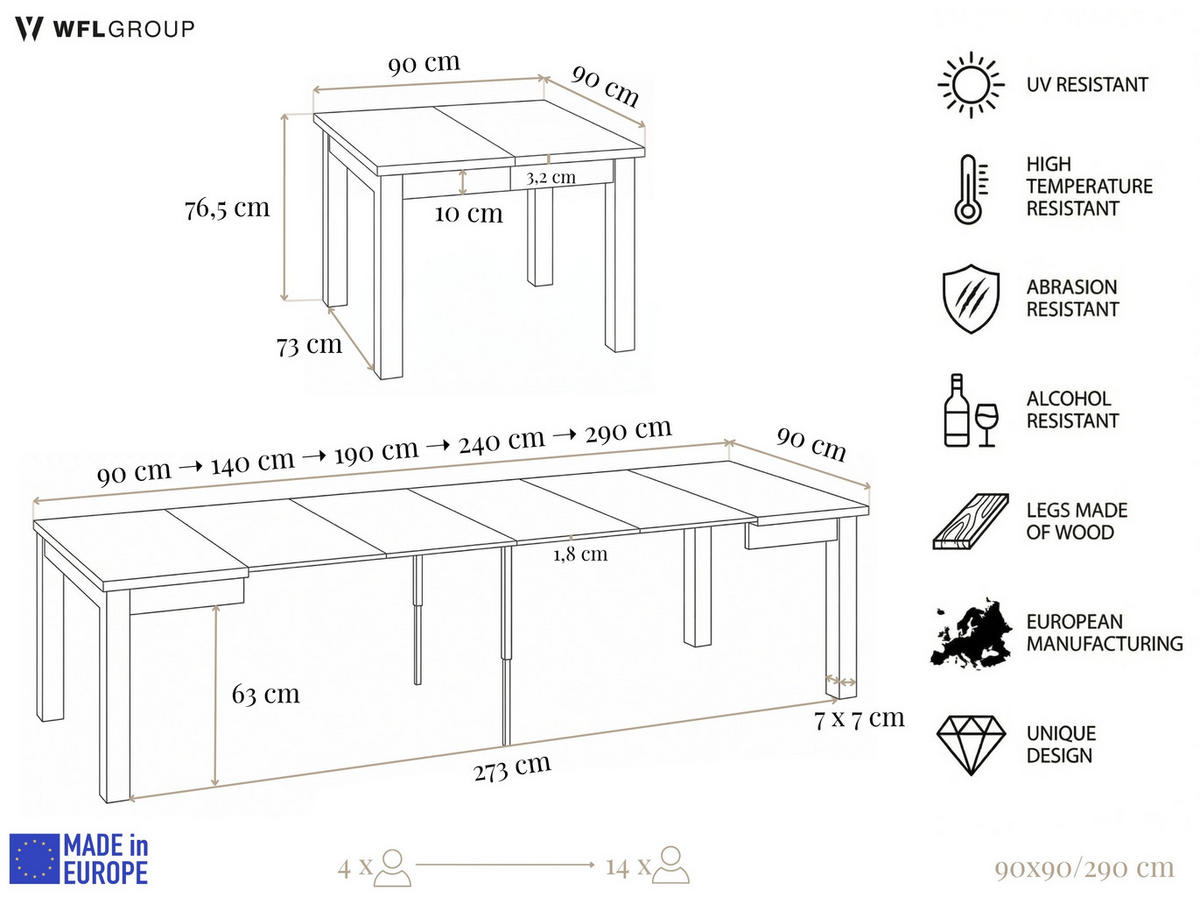 ESSTISCH Toren ausziehbar verlängerbar quadratisch, Eiche Sonoma Hellbraun 90-290/90/76.5 cm - Schwarz/Sonoma Eiche, Holz/Holzwerkstoff (90/90/77cm) - WFL GROUP