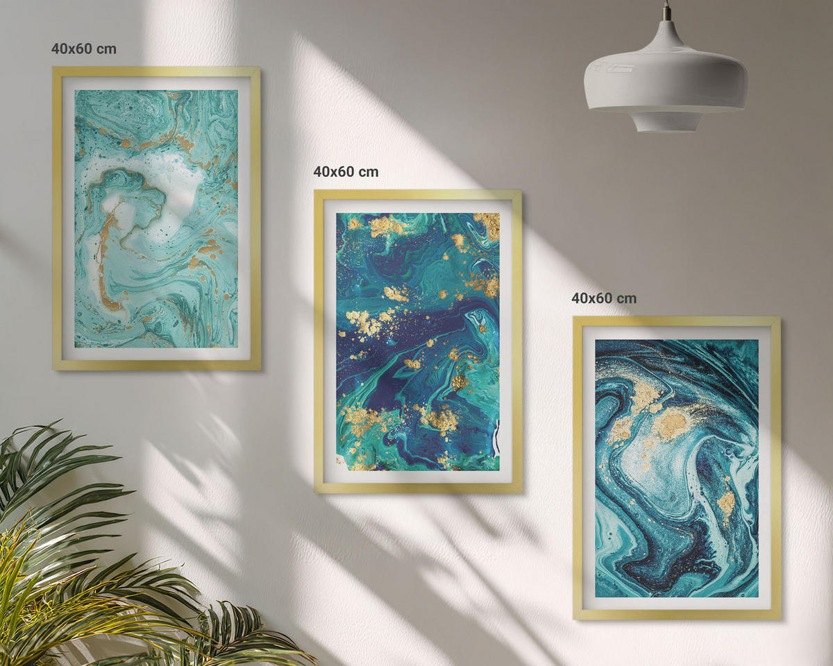 WANDBILDER 3er Set - 40x60 cm Goldrahmen - Abstraktion von Türkisfarbe - Goldfarben, Kunststoff (40/60cm) - ArtPrintCave
