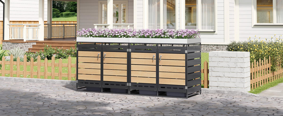 MÜLLTONNENBOX Pflanzkasten Holzoptik horizontal Schloss - Schwarz, Metall (262/120/79cm) - LEBENLANG