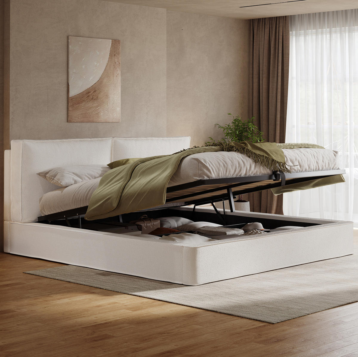 POLSTERBETT 180/200 cm aus Bouclé mit Stauraum und Lattenrost Beige - Beige, Textil (180/200cm) - Modenvie