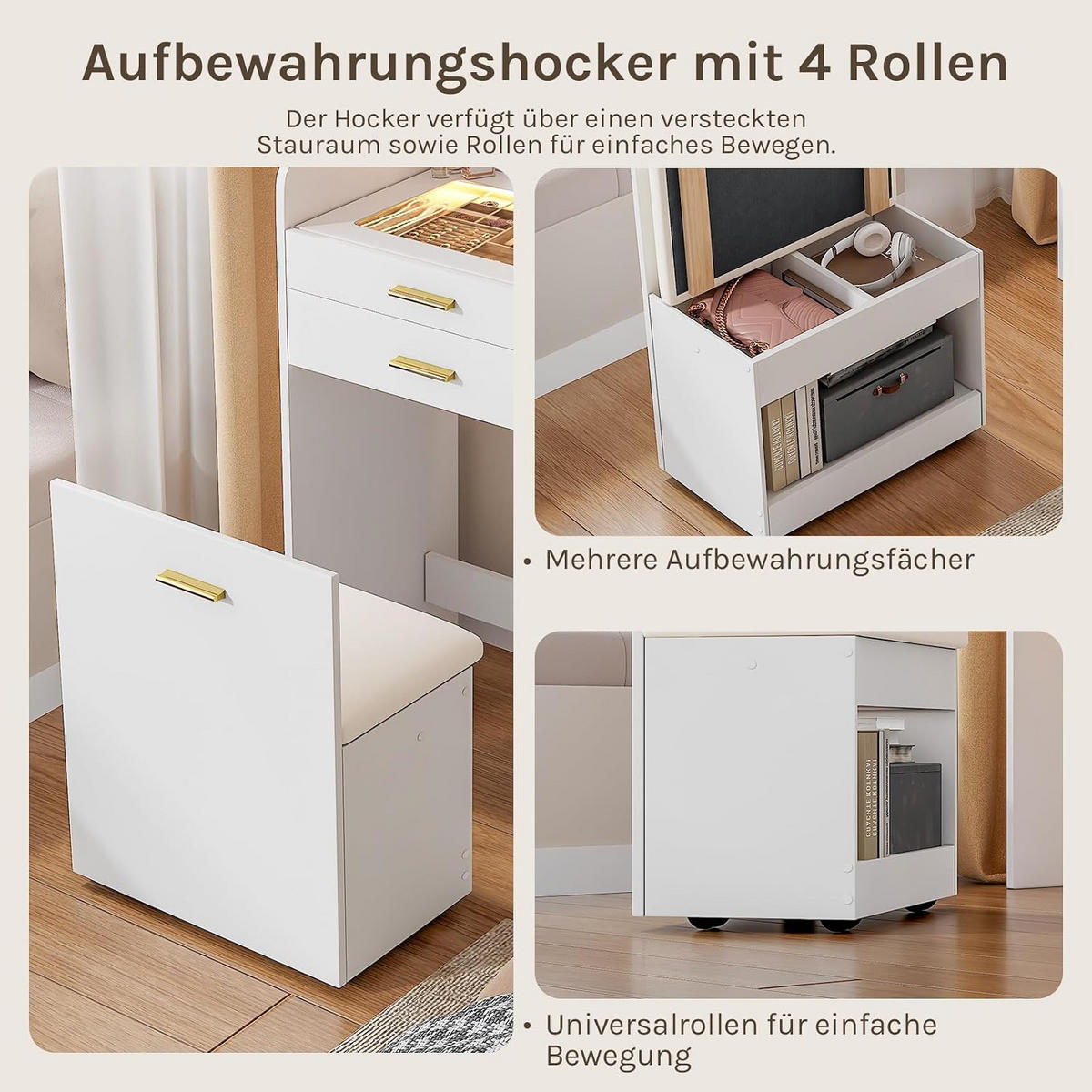 SCHMINKTISCH mit LED, klappbarer Spiegel, Hocker, Weiß - Weiß, Glas/Holz (50/87.2/40cm) - Woltu
