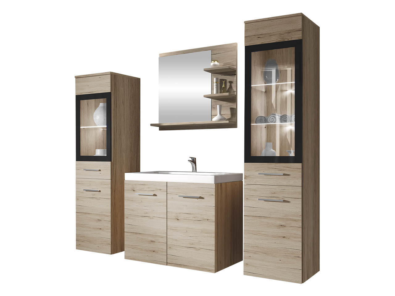 BADMÖBEL-SET Madrit I mit weißer LED Beleuchtung - Eiche San Remo, Holzwerkstoff (30/132/30cm) - MIRJAN24