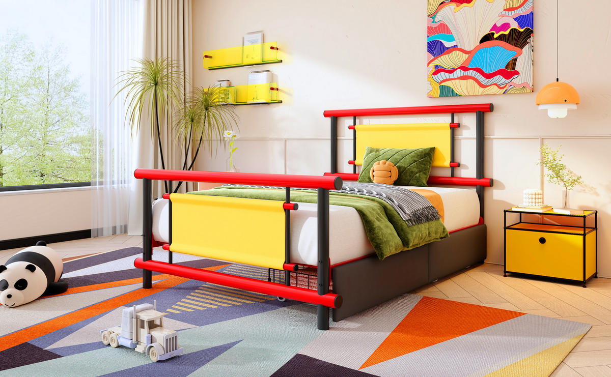 KINDERBETT 90/200 cm in Rot mit Schubladen aus Metall - Rot, Metall (90/200cm) - CHICFURN