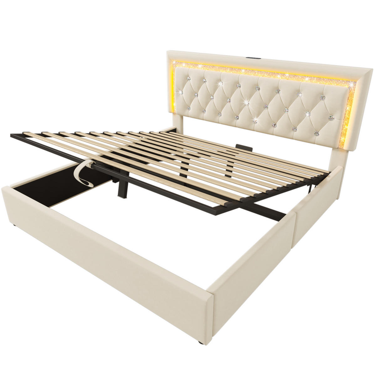 POLSTERBETT aus Samt 140x200 cm Beige mit LED-Beleuchtung, USB/Type-C und hydraulischem Bettkasten - Beige, Textil (140/200cm) - IVMEU