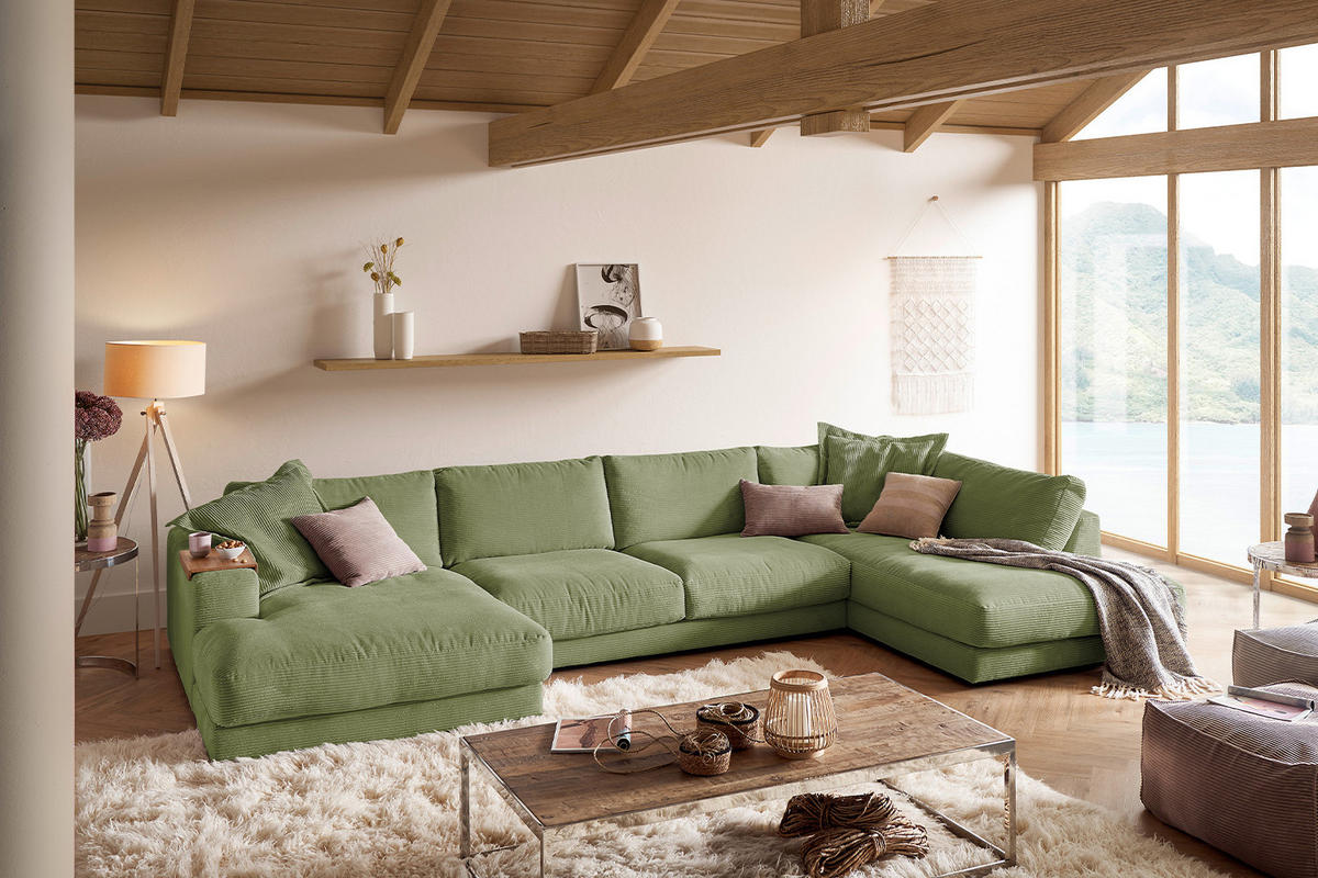 WOHNLANDSCHAFT MADELINE Dunkelgrün Cord - Dunkelgrün/Schwarz, Kunststoff/Textil (425/86/224cm) - KAWOLA