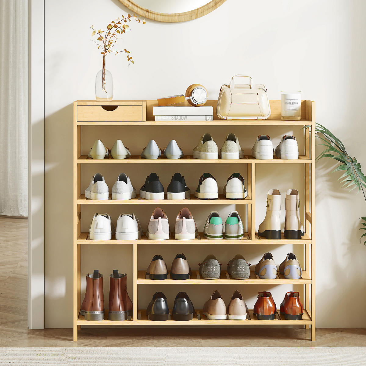 SCHUHREGAL, Schuhständer mit 6 Ebenen, Schublade für max. 18 Paar, Bambus - Naturfarben, Holz/Bambusholz (30/100/101cm) - HOMCOM