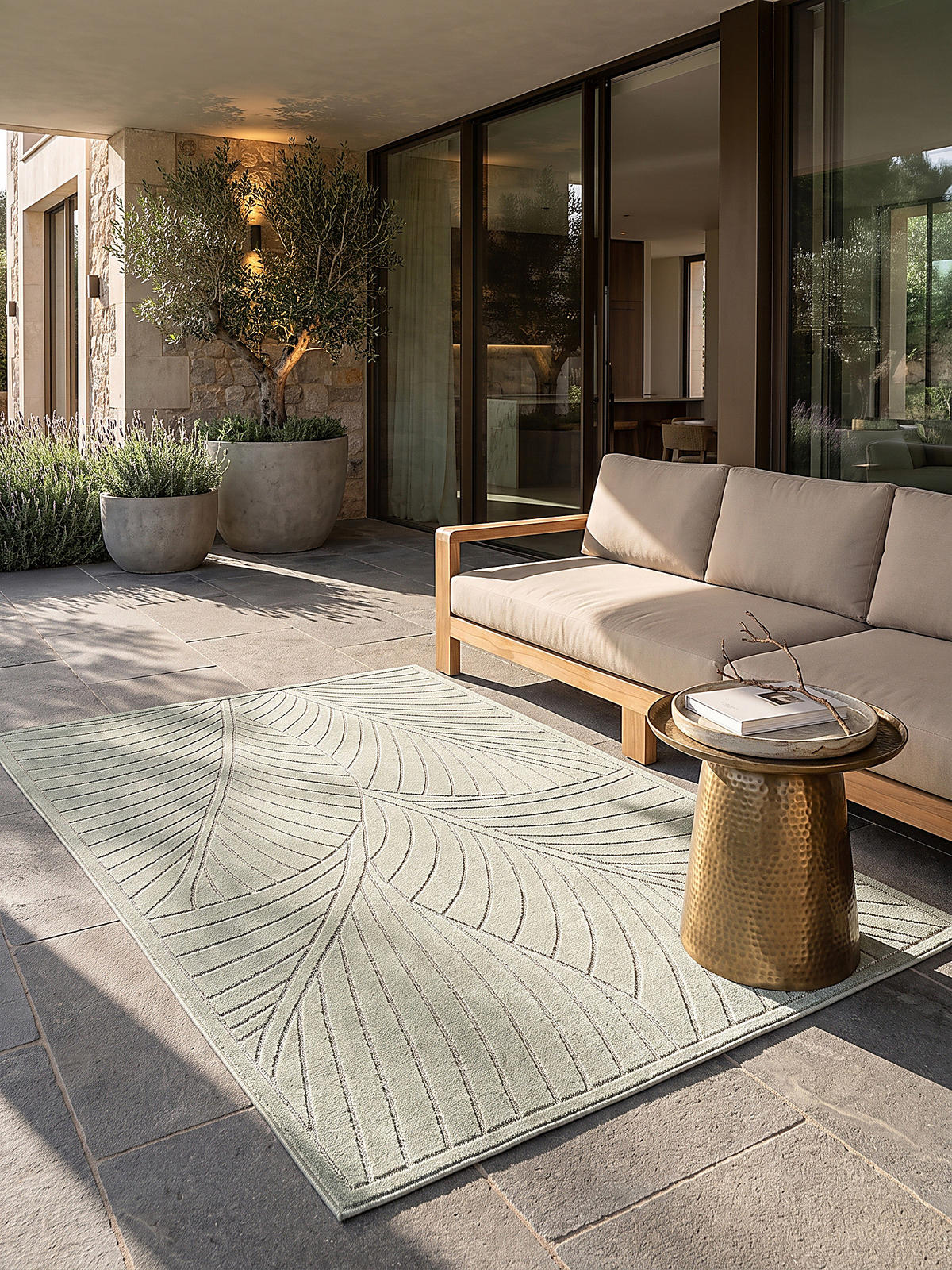 TEPPICH Outdoor, Fußbodenheizung-geeignet, mit Blattmotiv, ENGADIN in Salbeigrün, 280 x 370 cm - Grün, Textil (280/370cm) - KADIMA DESIGN