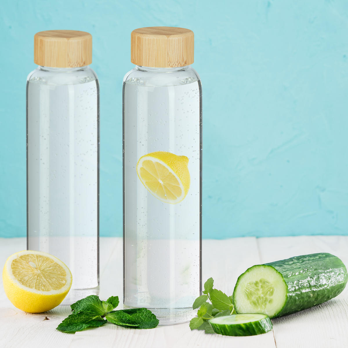 6XTRINKFLASCHE - Multicolor, Glas/Holz (0.5L) - Relaxdays