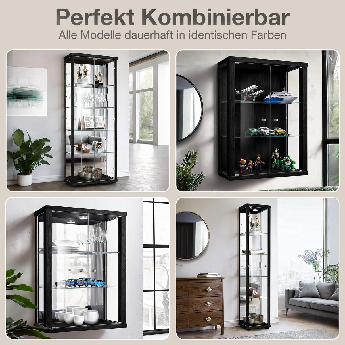 ECKVITRINE 56,5/56,5/176 cm mit Spiegel, LED & Schloss - Transparent/Silberfarben, Glas/Holzwerkstoff (56.5/176/56.5cm) - K-Möbel