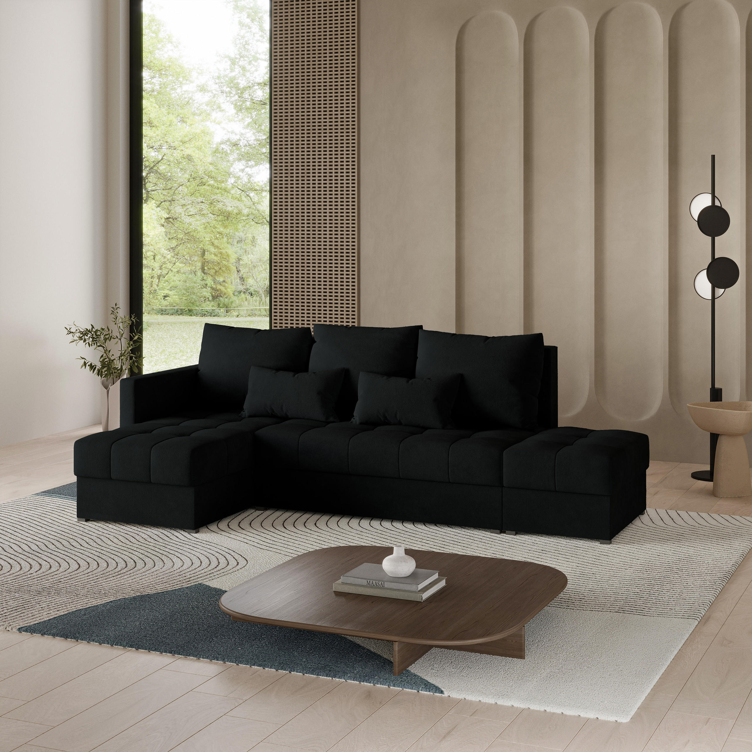 ECKSOFA LUMARI L-S Schwarz Plüsch-Stoff mit Schlaffunktion - Schwarz, Holz (262/143cm) - MASSENO