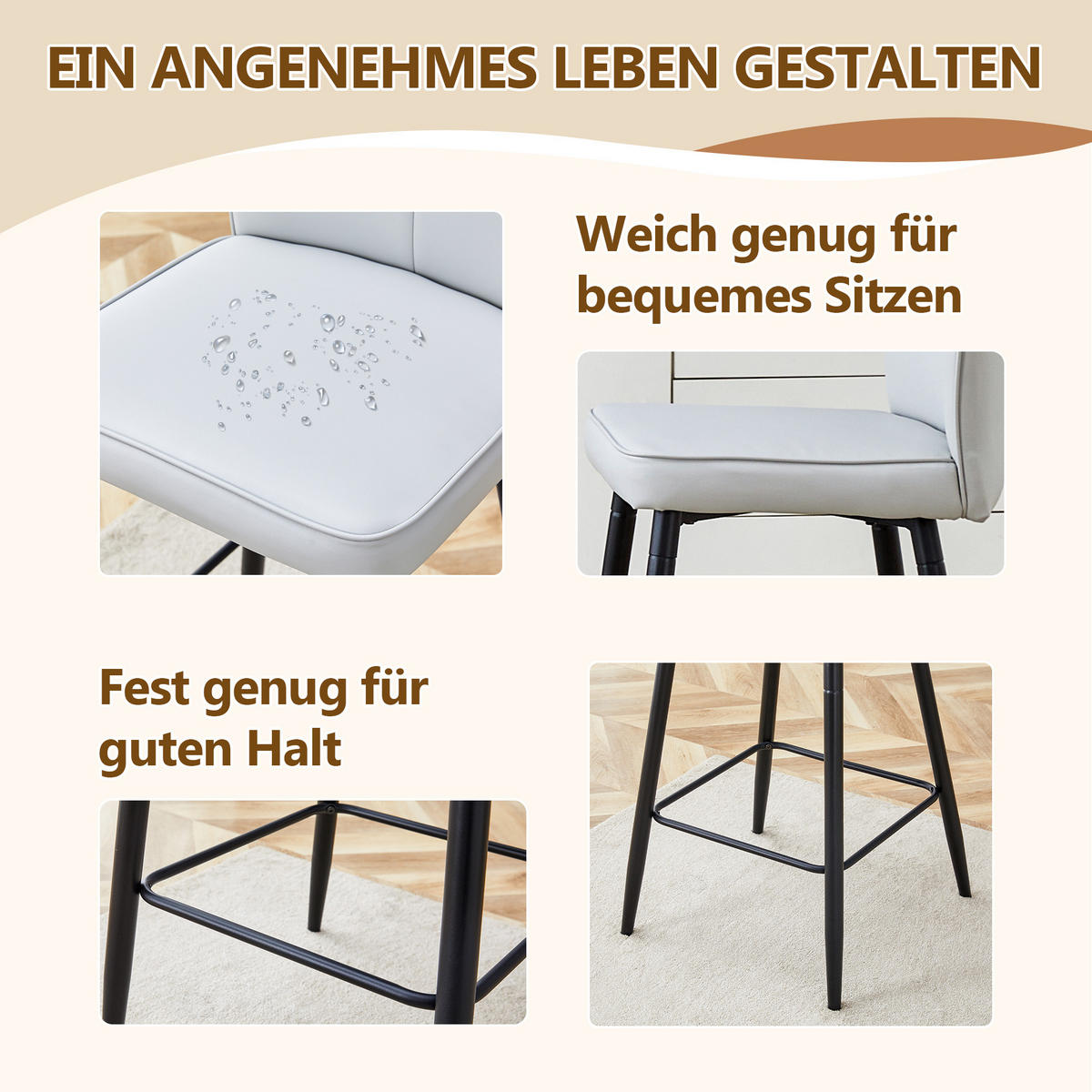 BARHOCKER 2er-Set Hellgrau mit PU-Leder, Rückenlehne und Fußstütze - Hellgrau, Metall (44/101/44cm) - PANGIVO