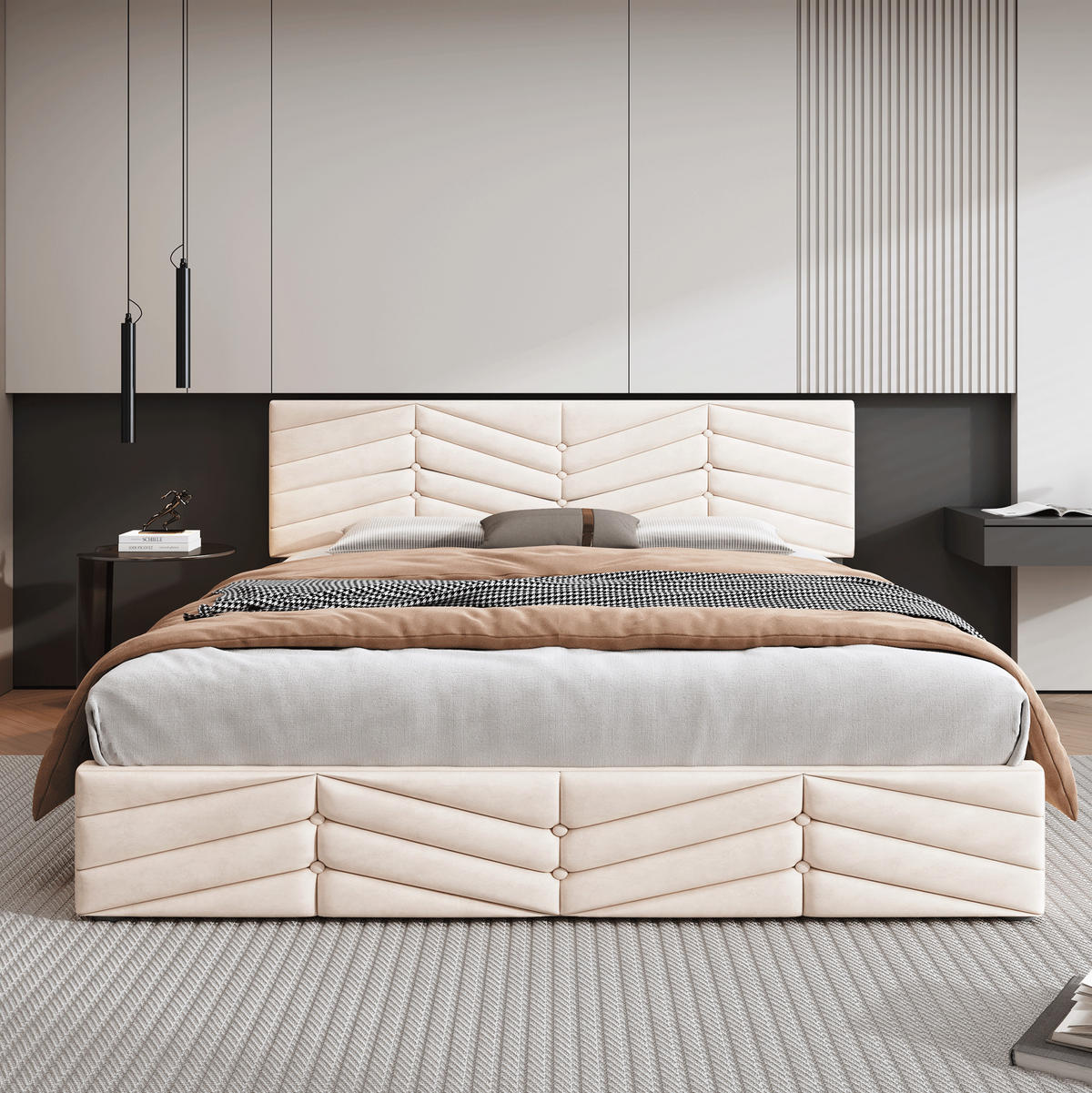 ČALOUNĚNÁ postel ze sametu 140x200 cm béžová s nastavitelným čelem a roštem, stabilní konstrukce - béžová, textil (140/200cm) - Modfu