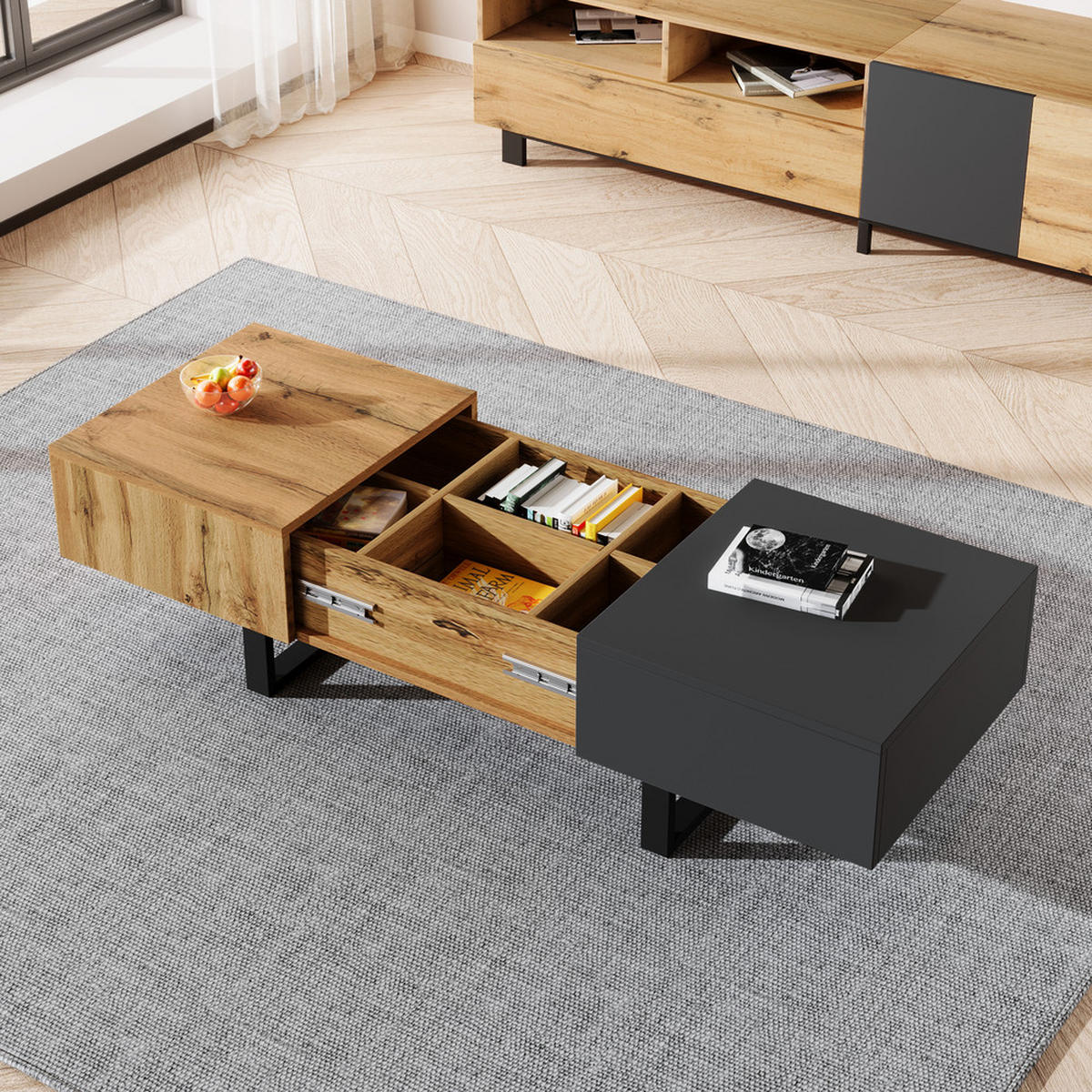 COUCHTISCH 155x55cm Multifunktional Verschiebbar Holz Metall Büro Wohnen - Braun, Holz (112/60/17cm) - FLIEKS