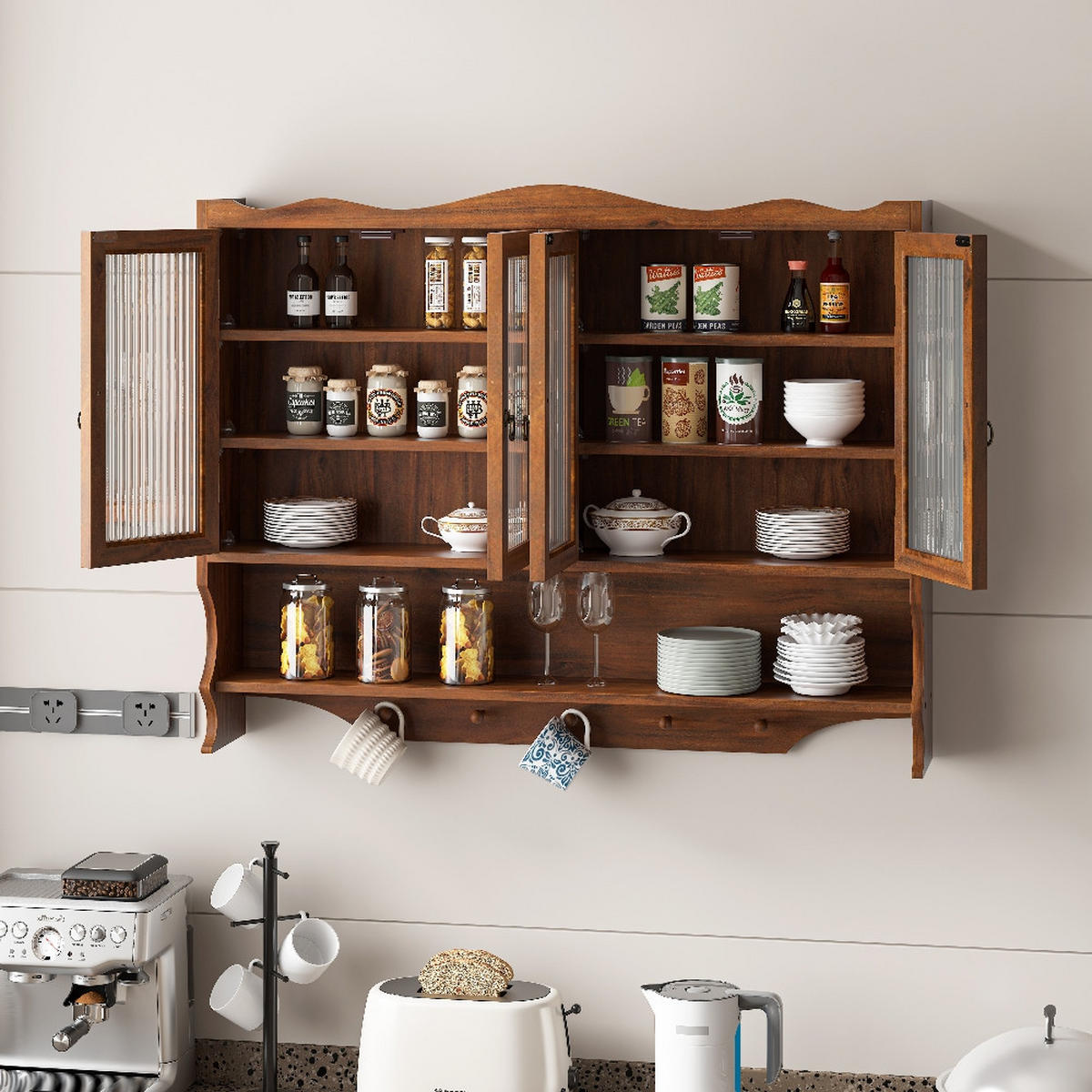 KÜCHENSCHRANK MIT 4 TÜREN UND HAKENLEISTE, Massivholz und Glas, Braun, Retro Badezimmerschrank, 100/80/20 cm - Braun, Kunststoff (20/80/100cm) - Rolipo