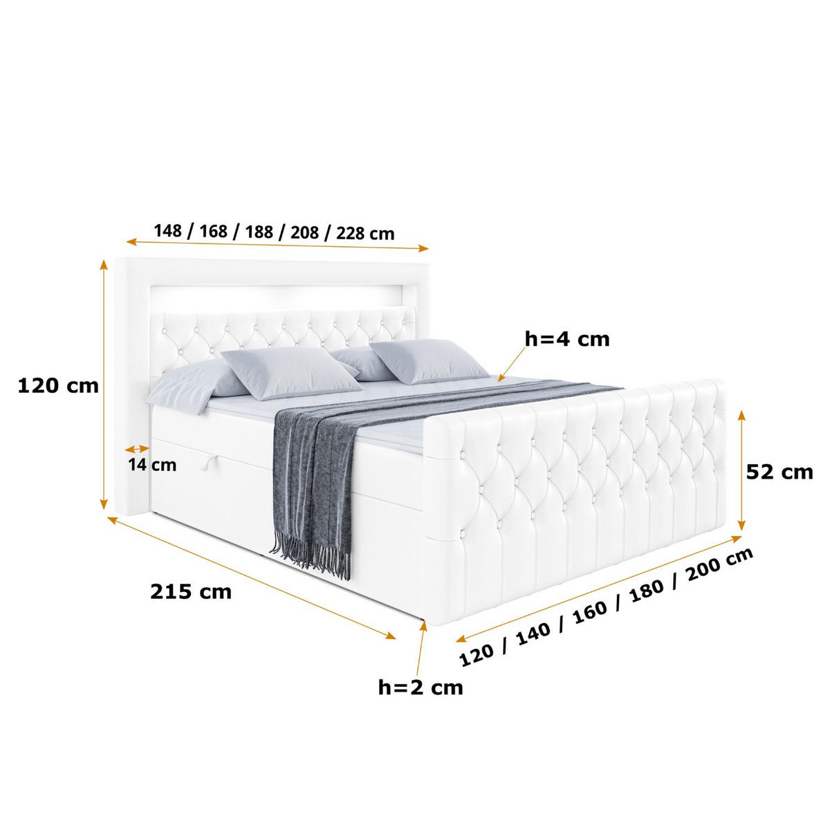 BOXBETT AURORA - 120x200 - H3 - Weiß Hochglanz - Weiß Hochglanz, Holzwerkstoff (120/200cm) - ALTDECOR