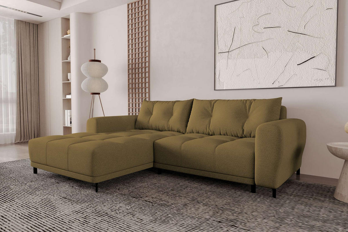 ECKSOFA Massimo Strukturstoff Olivgrün inkl. Schlaffunktion Links - Schwarz/Olivgrün, Textil/Metall (177/246cm) - 99rooms